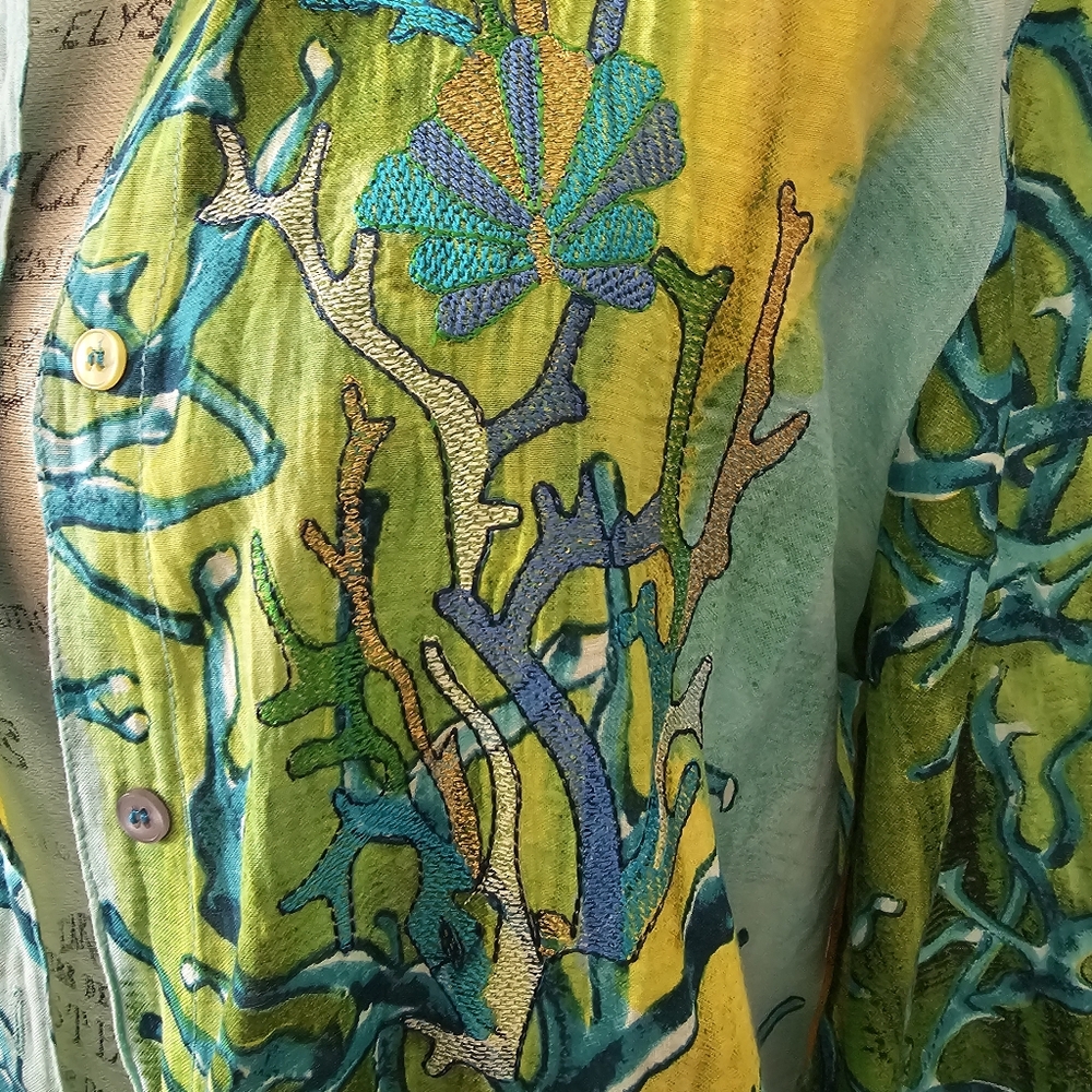 Antica Sartoria by Giacomo Cinque Tunic Shirt L Large Green Blue Coral Print - Picture 7 of 12